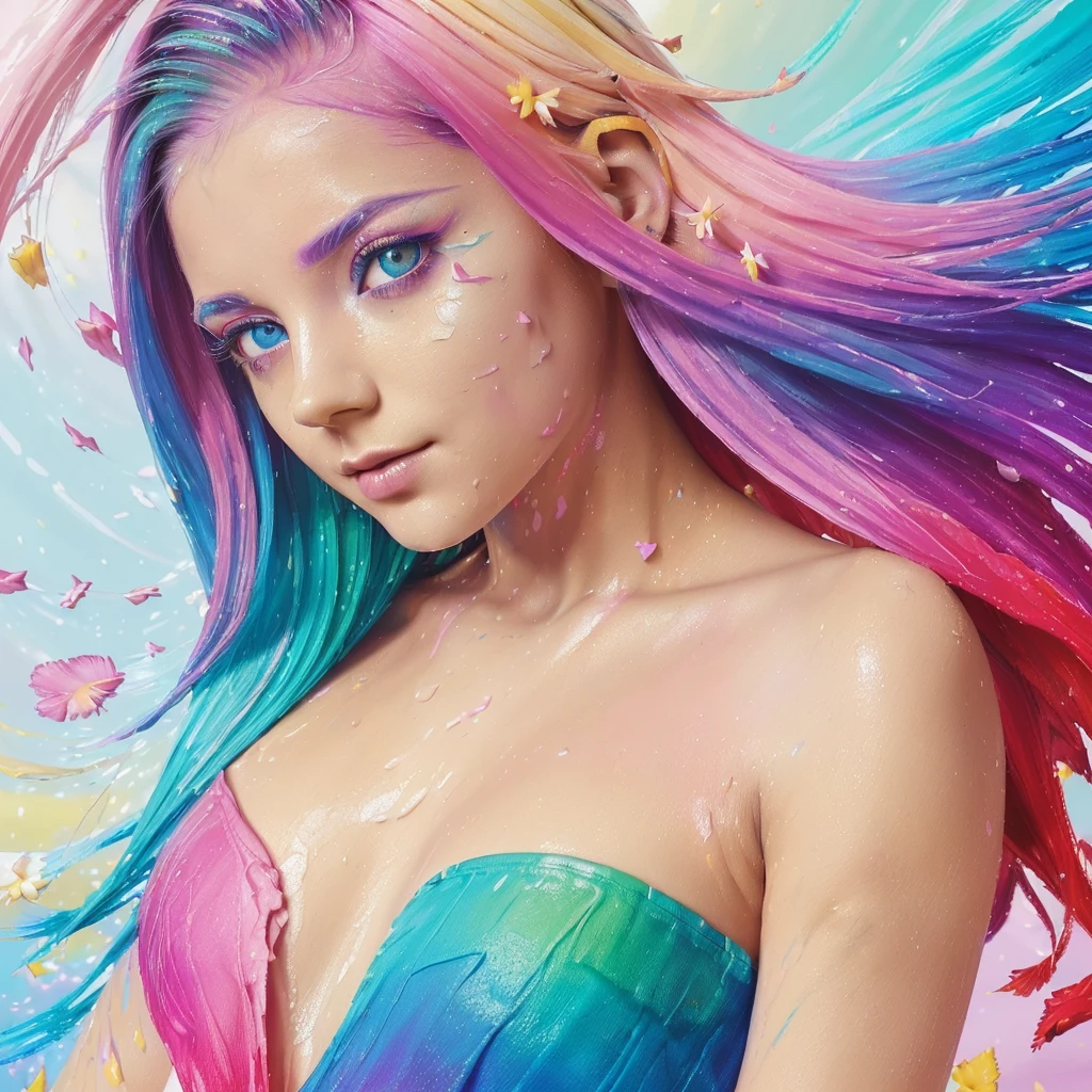 (master part), (best qualityer), (super verbose), (disheveled hair), (illustration), (A girl), (Trendy clothes), standing, model fashion, recipiente, (interview), (simple background), Finely Beautiful Eyes, delicate and beautiful face, floating, (high saturation), (colorful splashing), colorful bubble, (melhorar), Facial Focus, hypdertailed, hair light blue, bangss, hair rings, floating flowers, floating hairs, (glimmering), better lighting, better shadows, (((artistic nude, whole body)))