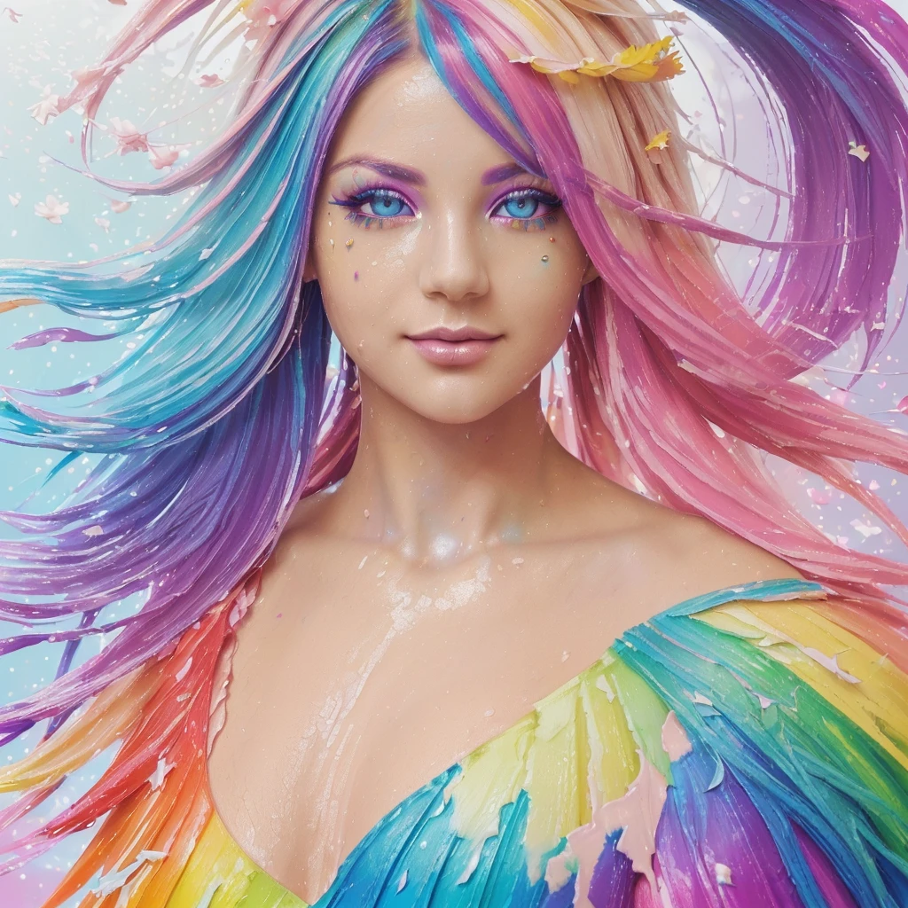 (Pink Fashion T-shirt:1.9),(Colorful hair: 1.8), (all the colours of the rainbow: 1.8),(((((vertical painting:1.6))), (painting:1.6),front, comics, illustrations, paintings, large eyes, crystal clear eyes,( rainbow color gradient high ponytail:1.7), exquisite makeup, closed mouth,(Small Fresh: 1.5),(Wipe Chest: 1.6) ,long eyelashes, white off shoulder T-shirt, White Shoulder Shirt,looking at the audience, large watery eyes, (rainbow colored hair:1.6), color splash, (solo:1.8), color splash, color explosion, thick paint style, messy lines, ((shining)),(colorful), (colorful), (colorful), colorful, Thick Paint Style, (Splash) (Color Splash), Vertical Painting, Upper Body, Paint Splash, Acrylic Pigment, Gradient, Paint, Highest Image Quality, Highest Quality, Masterpiece, Solo, Depth of Field, Face Paint, colorful clothes, (Elegant: 1.2), gorgeous,long hair, wind, (Elegant: 1.3), (Petals: 1.4),(((masterpiece))),(((best quality))),((ultra-detailed)),(illustration),(dynamic angle),((floating)),(paint),((disheveled hair)),(solo),(1girl) , (((detailed anima face))),((beautiful detailed face)),collar,bare shoulders,white hair, ((colorful hair)),((streaked hair)),beautiful detailed eyes,(Gradient color eyes),(((colorful eyes))),(((colorful background))),(((high saturation))),(((surrounded by colorful splashes))),