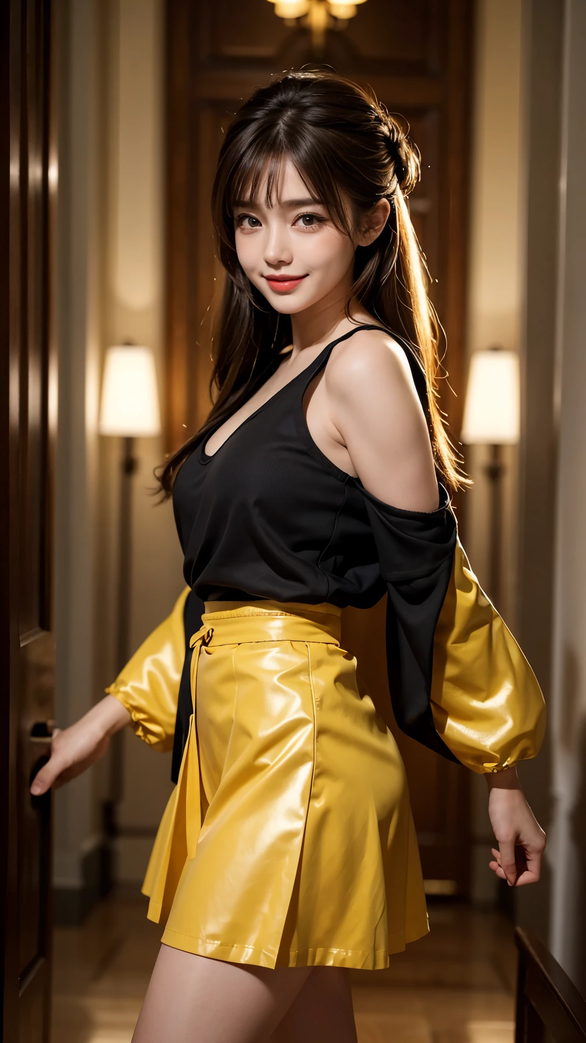 Unbeatable masterpiece, Ultra photo realsisim, Perfect artwork, Intricate details, Best quality, strong lights,High contrast, masutepiece , Best quality , offcial art ,the Extremely Detailed CG Unity 8K Wallpapers ,1girll , Solo , Realistic , Makeup , A high resolution , full body Esbian , view the viewer , Smile, bangs , Bare shoulders , Brown hair ,crossed bangs , hair between eye , yellow T-shirt With orange skirt , komono , Long ,Mask , masks on head , cropped shoulders , cparted lips , Red eyes beautiful smile, ((Smile: 1.2) , sash , skyporn, solo , double tails , Very hairy , Wide sleeves , (Shiny skin) , Standing, Stylish look, Sexy angle, ((4 Different poses)), Steps, Hall, Villa, Sexy lips 