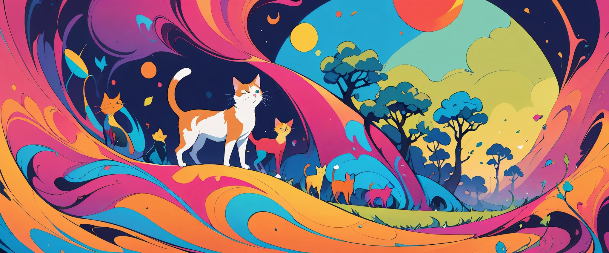Super nice background，clean background，abstract painting，Vibrant colors，a cat，under the sun，trees