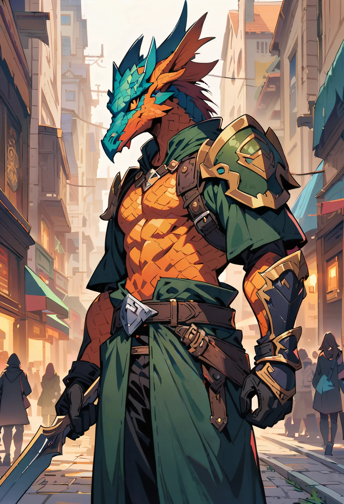 DnD character art, fantasy warrior with dragon head helmet and orange scales holding sword in hand standing on city street, green , black leather gloves, high details, in the style of fantasy.