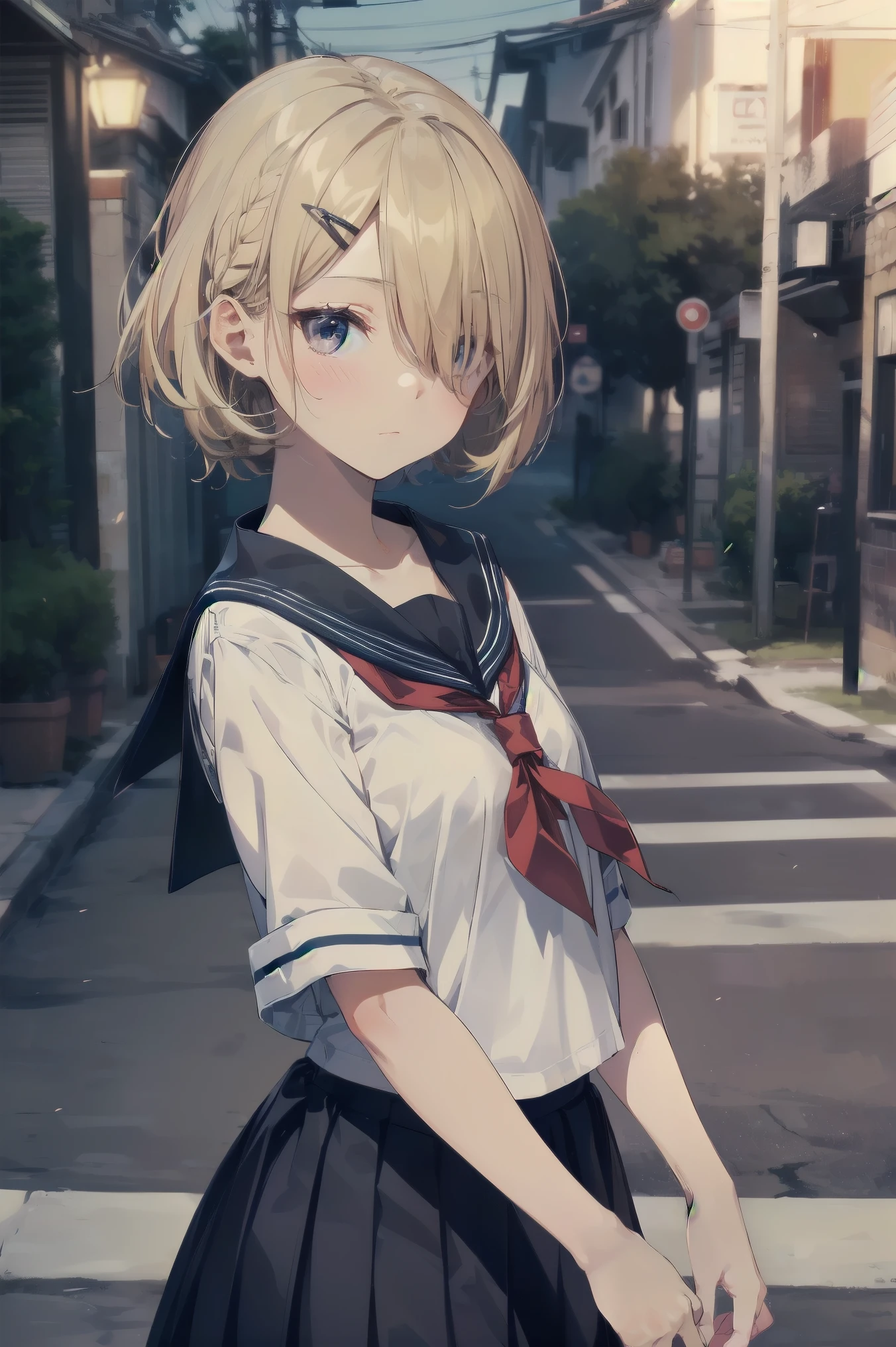 Highest quality, Anime Moe Art Style,Best Anime 8K Konachan Wallpaper,pixiv contest winners,Perfect Anatomy, (Please draw a girl walking sleepily to school...... ),break, 1 Girl, (alone,,,13 years old:1.3),high school student, short hair, amount, (Hair above one eye:1.7),All limbs, Full Finger,Medium Chest, Between the legs, Small eyes,accurate black eyes, Hair Clip, (Sailor suit:1.5),(school uniform:1.5) skirt,On the way to school. break,Very detailed,High resolution,ultra high density skin, Professional Lighting,8K eye detail, (Cute illustrations:1.2),blonde,blonde hair,Expressionless,(Hair on one eye:1.5),Sailor suit
