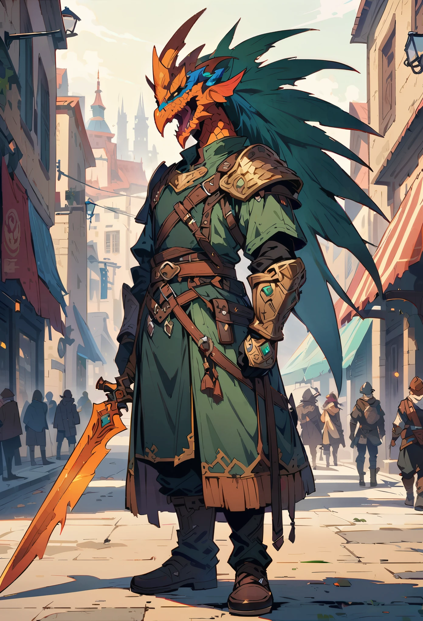 DnD character art, fantasy warrior with dragon head helmet and orange scales holding sword in hand standing on city street, green , black leather gloves, high details, in the style of fantasy.