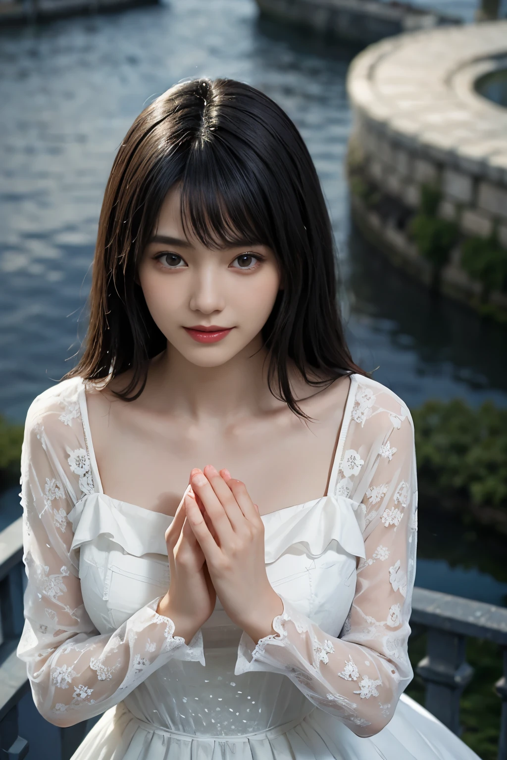 best quality、tmasterpiece、ultra high resolution、actual、1 girl、Glossy skin、((Surreal detailed))、Global photo、8K、Highly complex details、shinning eyes、Black straight hair、slender body、plump breasts、highkey、pureerosfaceace_v1、A smile、Elegant pose、Yellow lace dress、Beautiful woman standing on the balcony of the castle