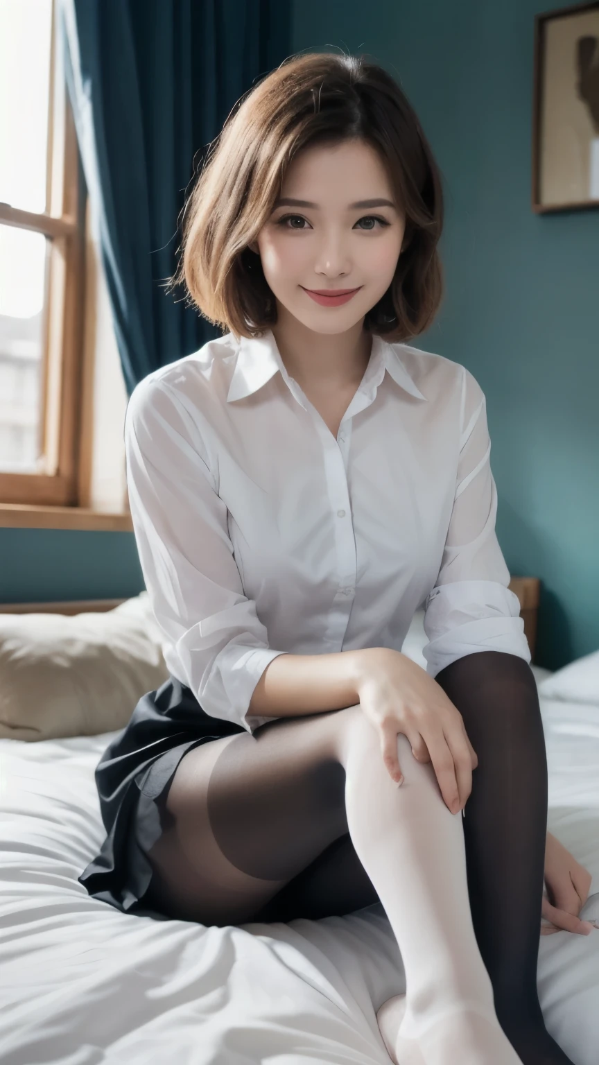 (8K, highest quality, masterpiece:1.2), (actual, realistic:1.37), Super detailed, 
1 girl,Lovely, alone,beautiful and detailed sky,Cafe details,sitting,abolition,(smile:1.15),(please shut your mouth) small breasts,beautiful and delicate eyes,(collared shirt:1.1), white shirt, pleated skirt，black领，black，white lace, beautiful feet，(super realistic pantyhose:1.3), button suddenly opens
(Short hair details:1.2),flowing hair ,new frog style,,white skin,light,Bedroom，bedridden