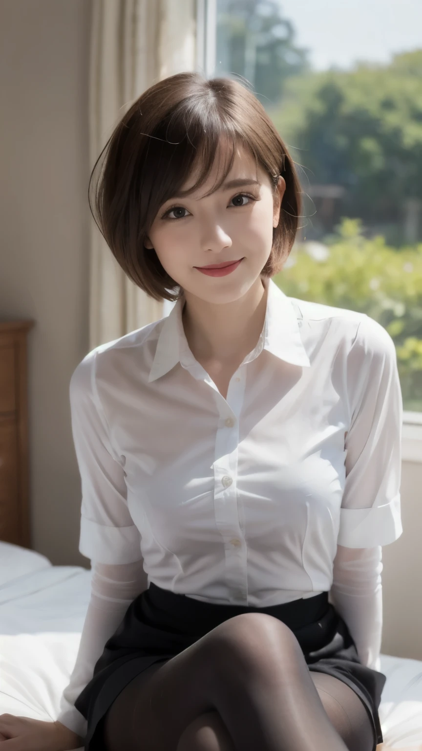A close up of a woman sitting on a bed in a white shirt - SeaArt AI