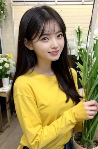 best quality, detailed, beautiful, insanely detailed, absurdres,perfect anatomy,
Japanese woman,black hair,27 years old,
(slender),
(small breasts),
(flower shop:1.2), laughing, bending over, straight hair, yellow long-sleeved t-shirt, jeans, extreme long shot, front view, dutch angle shot