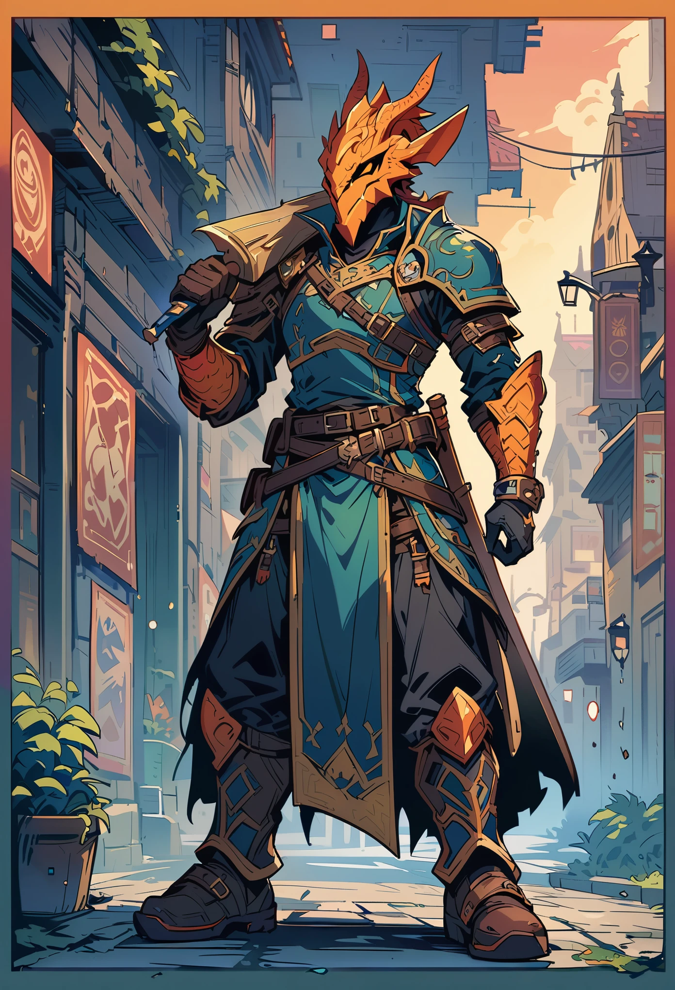 DnD character art, fantasy warrior with dragon head helmet and orange scales holding sword in hand standing on city street, green , black leather gloves, high details, in the style of fantasy.