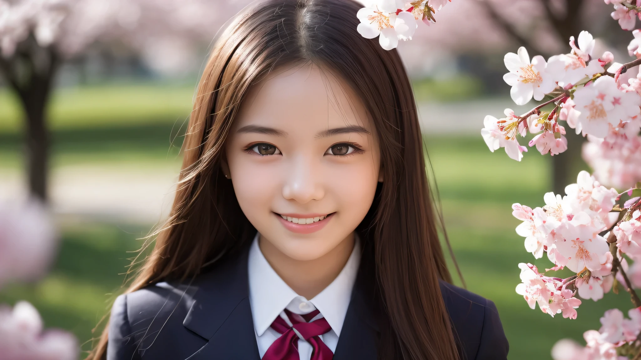(1girl), (17yo), (young face:1.2), shy smile, (Best Quality:1.4), (Ultra-detailed), (extremely detailed beautiful face), Amazing face and eyes, brown eyes, (highly detailed Beautiful face), (high school uniform:1.2), (extremely detailed CG unified 8k wallpaper), Highly detailed, High-definition raw color photos, Professional Photography, Realistic portrait, Extremely high resolution, cute smiling, Cherry blossom trees,