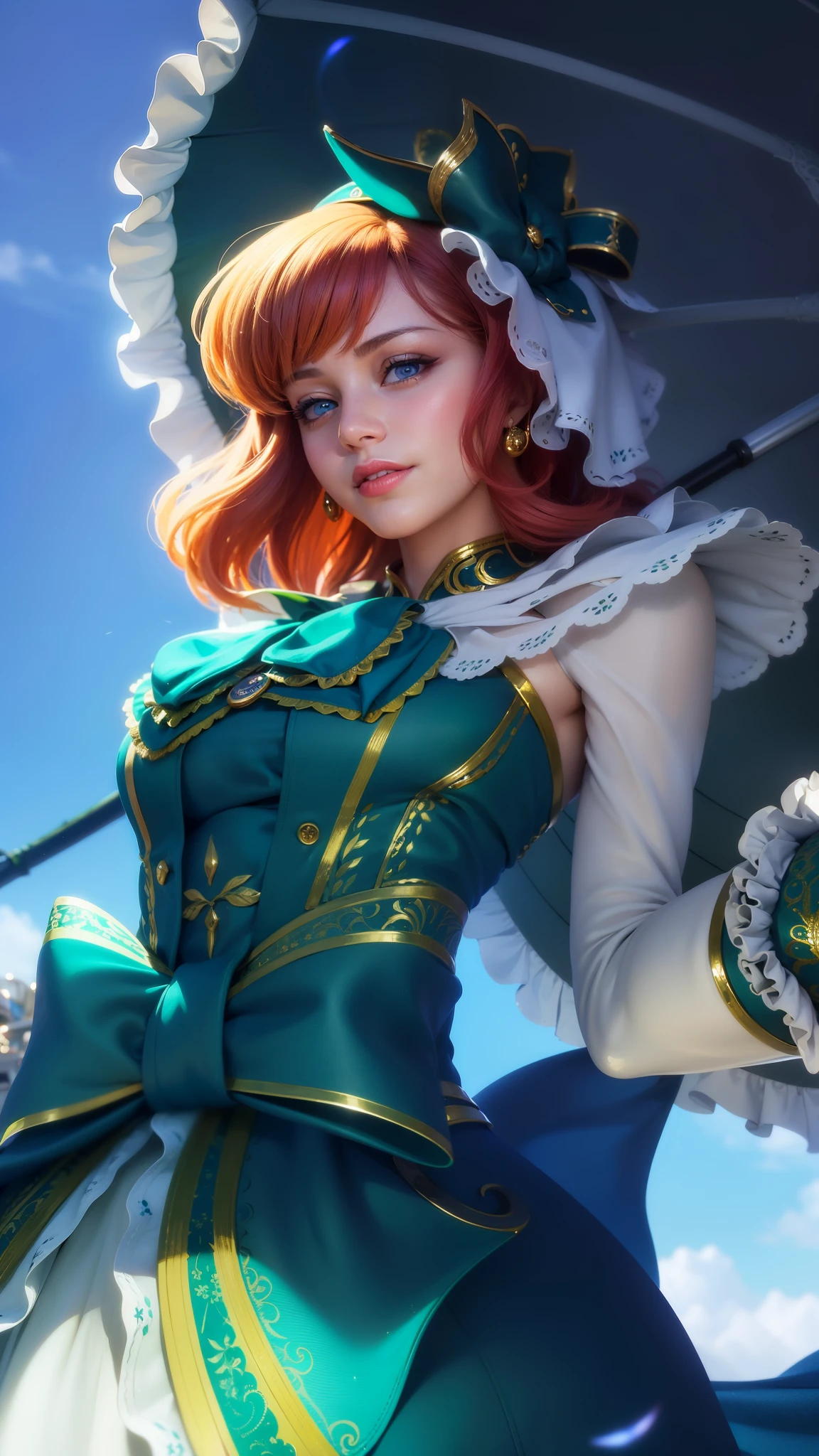 there is a woman in a green dress holding a umbrella, red lips glossy, 8k, ultra hd, ultra detailed texture, hyper realistic, masterpiece, detailed texture, detailed face, detailed skin, detailed lighting, (photorealistic:1.5), best quality, beautiful lighting, cinematic lighting, professional lighting, ultra highres, realistic, detailed hair, real hair, high quality, (realskin:1.5), extremely detailed, finely detail, ultra-detailed, smile, blue eyes.