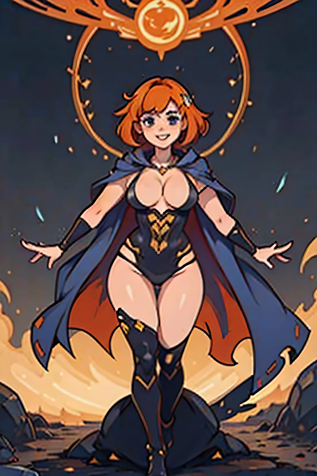 (((masterpiece))), (((best quality))), illustration, single character, game character, rpg character, female character, female necromancer. tall torso. athletic girl. skimpy. dark-blue robe with golden details and lines, long open robe. exposed legs. leather bracers. huge open cleavage, big gem necklace. tiny breasts. small titties. wide hips. perky butt. up turned hips. wavy short hair. flowing orange hair, olive eyes, sexy face expression. laughing smile. open hooded black cloak. orange hair. cosmic background, flat color background, anime character, 8k, awesome quality
