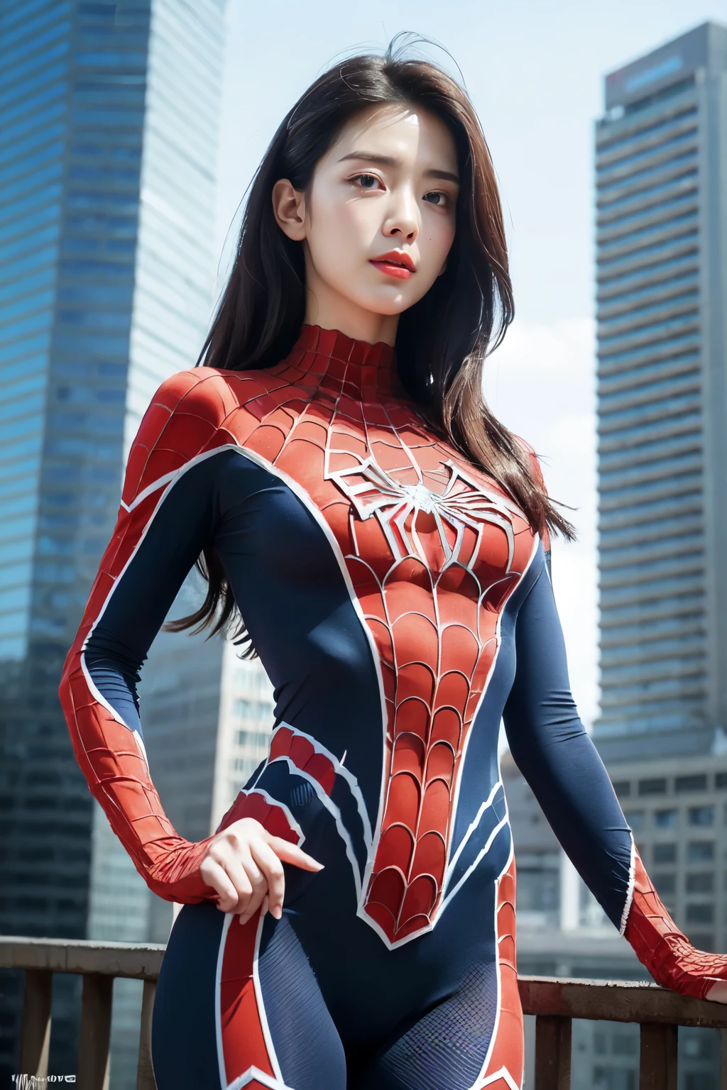 (best quality,ultra-detailed,realistic:1.37), digital illustration, (sexy woman wearing a Spiderman costume), detailed eyes and face, beautiful detailed lips, sexy body, long eyelashes, big breasts, Close-up photo, woman wearing a Spiderman costume, long hair, ((Take a photo from below the thigh)),vibrant colors, dramatic lighting, comic book style, woman wearing a Spiderman costume, seductive pose, skyscraper background, dark sky, tall buildings