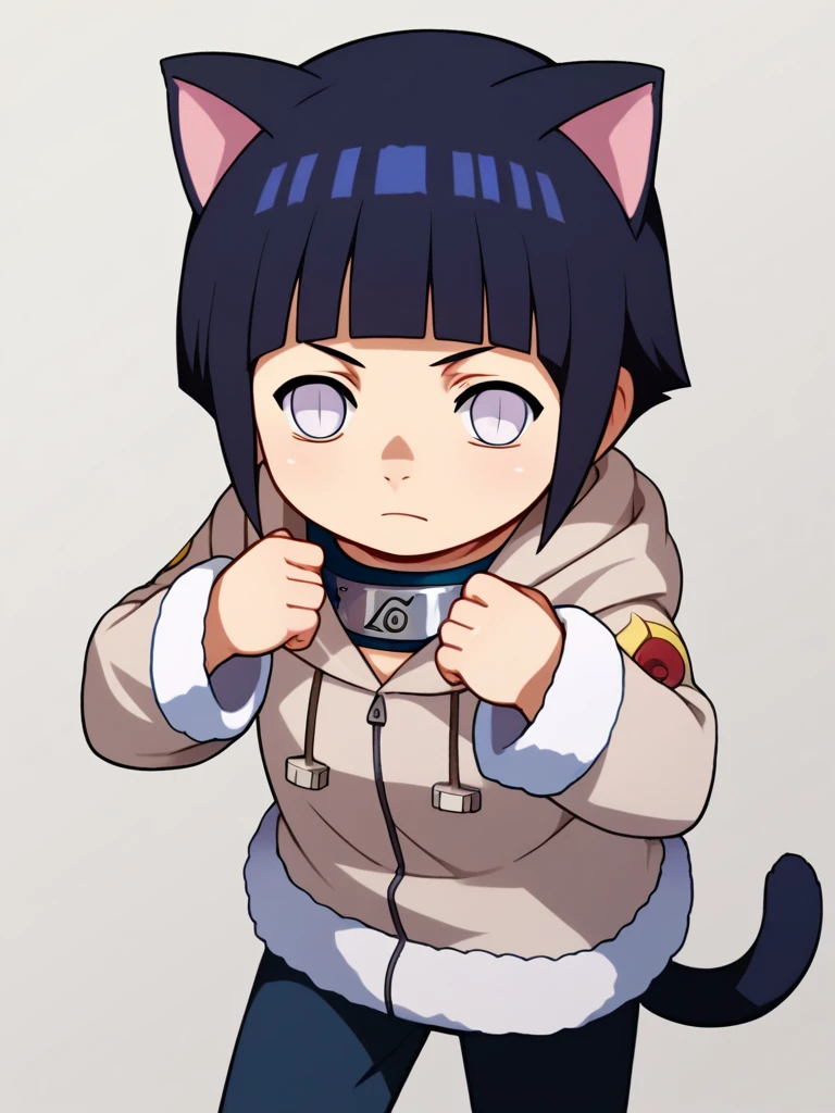 score_9, score_8_up, score_7_up, BREAK,
1girl, necoarc, cat ears, shalltear,
hyuuga hinata, short hair, black  hair, no pupils, blunt bangs, shiny hair, white eyes, hoodie, hood down, long sleeves, fur trim, capri pants,
chibi, slit pupils, solo, full body, white background 