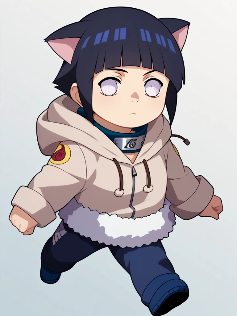 score_9, score_8_up, score_7_up, BREAK,
1girl, necoarc, cat ears, shalltear,
hyuuga hinata, short hair, black  hair, no pupils, blunt bangs, shiny hair, white eyes, hoodie, hood down, long sleeves, fur trim, capri pants,
chibi, slit pupils, solo, full body, white background 