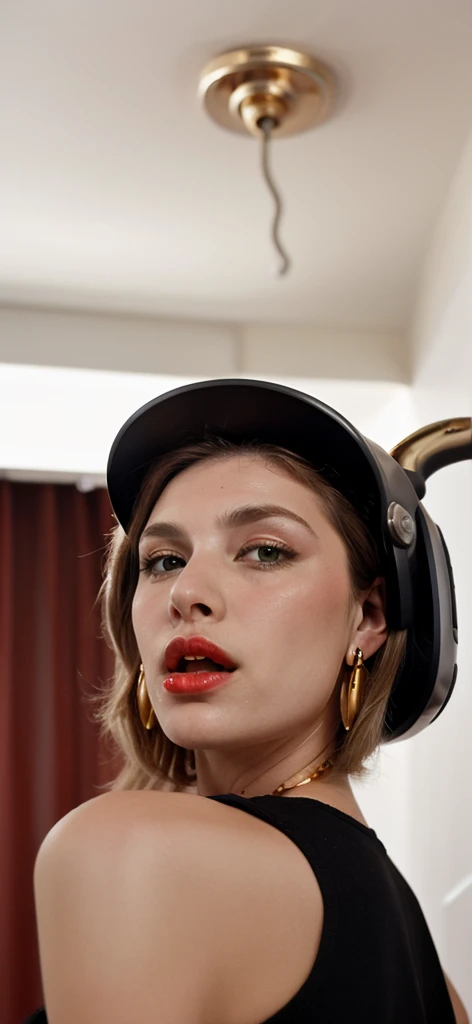Cheveux blonds, cheveux enrouler dans des bigoudis, Big luscious red lips, round gold earrings, big earrings, suce une bite, hair dryer helmet above the head