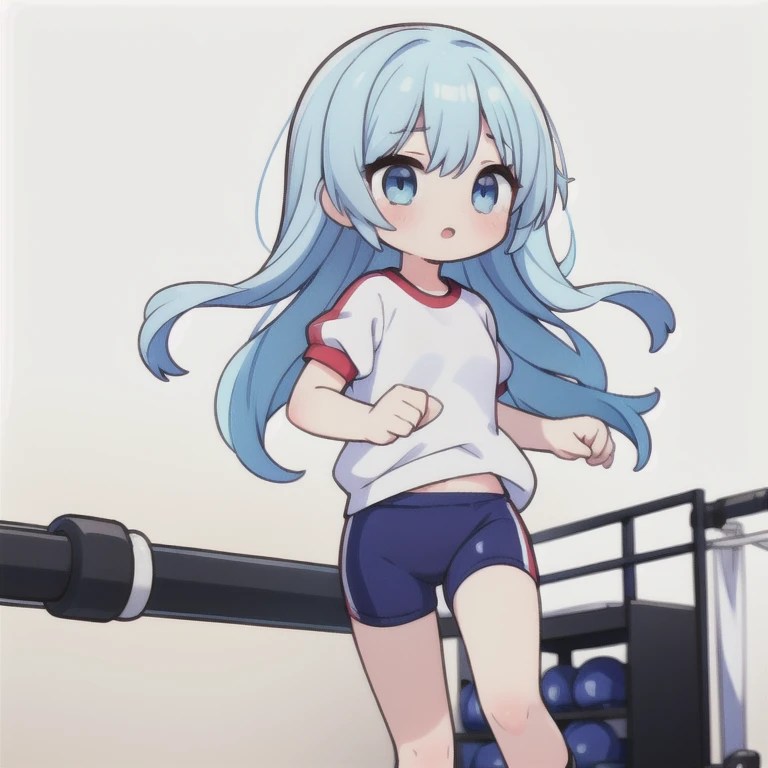 1 girl, Big eyes, long eyelashes,Olive eyes, Gym clothes, Running, light blue long hair, No background