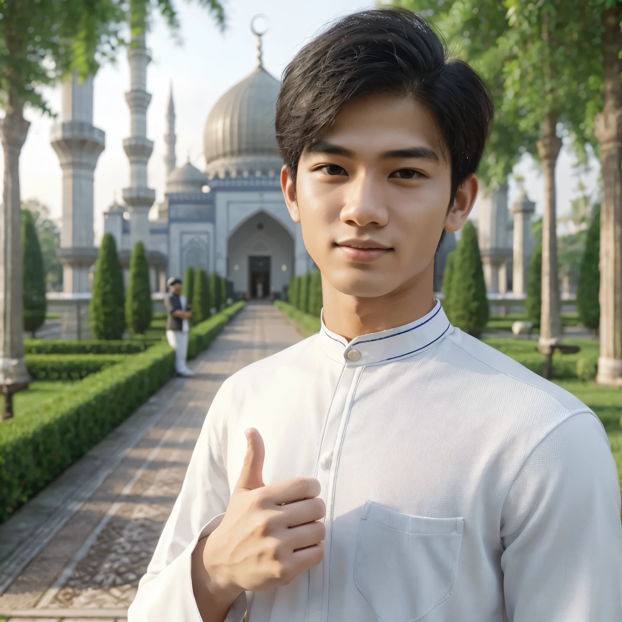 realism.
A young man with a clean Asian face, standing wearing a white cap, sharia Muslim clothes, black sports shoes, hands congratulating him. garden background, beautiful mosque and shady trees, peaceful, cool.