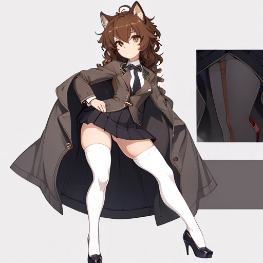 an anime style picture of the girl in the short skirt and white thigh high socks and high heels, 1girl, hazel eyes, brown curly hair, solo, gray blazer, gray skirt, white thigh high socks, black high heels, uniform, highly detailed face, perfect feet, portrait, full body, extremely skinny no fat, small breasts
