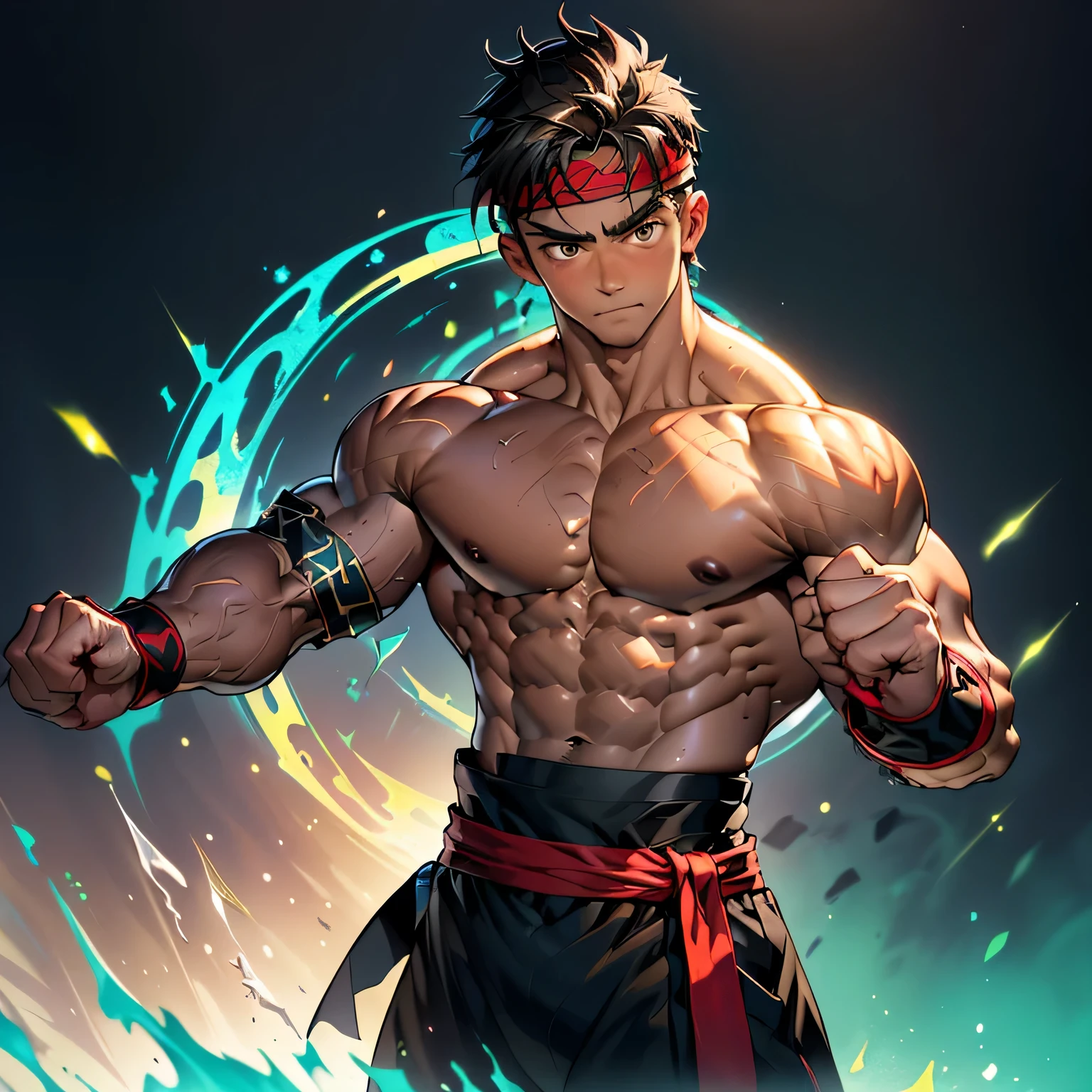 (Masterpiece, Best quality 19 year old boy, simple background, cowboy shot), solo, Young, boy, muscler, Shirtless, , (Dark Short straight hair, under cut, brown eyes), (red headband, ((black wristband, weist sash))), Vivid colors, (hot Abs:1.2, abs!, big abs, big :1.2, !, muscler upper arms, mighty fist), ( male), closed mouth, serious, muscler!, muscler body, Man with martial arts stance, (aura power:1.4), detailed face, detailed muscle, (((A magical turquoise mystical aura graces his upper body, random fighting pose)))