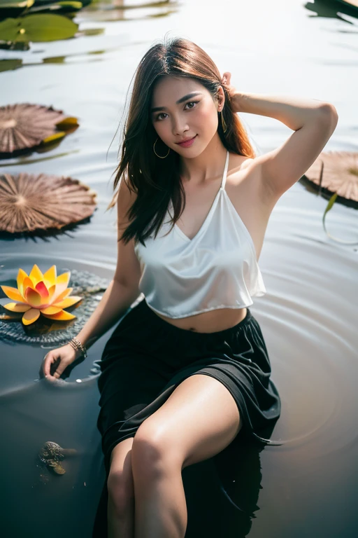 aoyem, (brown shirt), The woman's beauty can be enhanced by the reflection of the lotus flowers in the water. The vibrant colors of the lotus flowers can also add to the beauty of the scene, creating a harmonious blend of colors, RAW photo,(high detailed skin:1.2), 8k uhd, dslr, soft lighting, high quality, film grain, photorealistic, photo art, flower, a stunning photo with beautiful saturation, ultra high res,(realistic:1.4)),deep shadow,(best quality, masterpiece), pale skin, dimly lit, shade, flustered, blush, highly detailed, skinny, BREAK depth of field, film grain, wrinkled skin, looking at viewer, knee, warm smile, masterpiece,ultra realistic,32k,extremely detailed CG unity 8k wallpaper, best quality
 Naked portrait, nude photography, detailed armpit, detailed nipple, shiny nipple