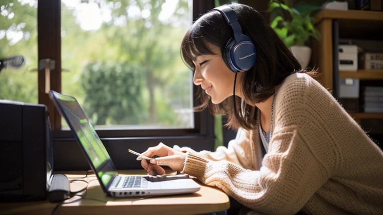 (long shot), wide shot, (noise film), (coffee shop 1.3), Cozy chilled bedroom, (masterpiece, highest quality, highest quality, official art, beautiful and aesthetic: 1.2), (smiling woman, One is working on a laptop computer while listening to music on headphones), very detailed, (fractal art: 1.4), best details, coffee maker, (Note: 1.4), ( lo fi hip hop), Side view, anime texture, There is a forest outside the window,Green curtain,pink headphones,Black cat,
