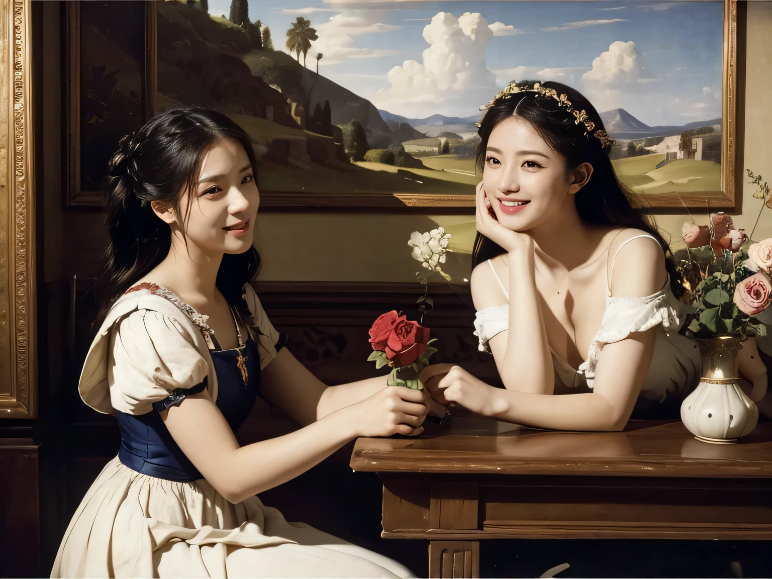 Giorgione painting style,Arguments of two female Philosophe,math、astronomical machine、astronaut、roses in vase、fruits、Cute trinkets、smile、ancient greek costume、Ancient Roman landscape in the style of Nicolas Poussin,laughter,,Sweet and seductive appearance.、Caravaggio's paintings、Chiaroscuro of Caravaggio、hair tousled by the wind,Two women frolicking,cute smile, expression of ecstasy,Sexy,erotic