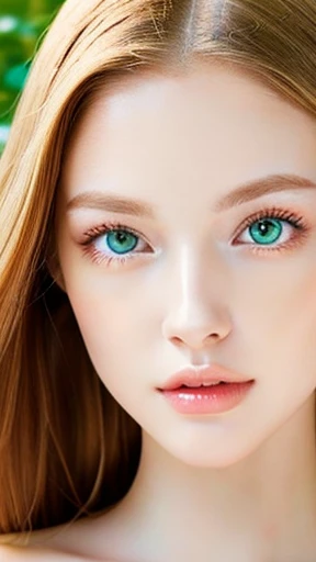 Beautiful white girl with nude lips looks to the camera. Stunning ginger girl. Young beautiful woman with a healthy clean skin. Symmetric face, symmetric eyes and green eyes. Pretty woman with bright makeup of eyes.