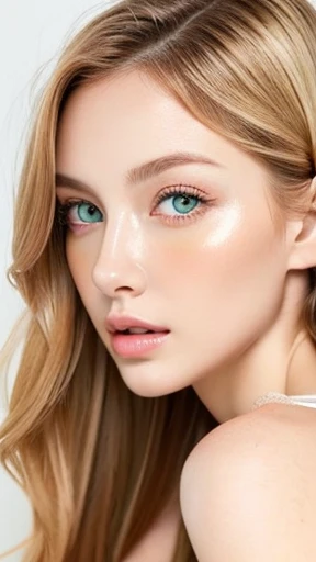 Beautiful white girl with nude lips looks to the camera. Stunning ginger girl. Young beautiful woman with a healthy clean skin. Symmetric face, symmetric eyes and green eyes. Pretty woman with bright makeup of eyes.