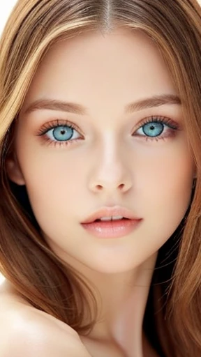 Beautiful white girl with nude lips looks to the camera. Stunning ginger girl. Young beautiful woman with a healthy clean skin. Symmetric face, symmetric eyes and green eyes. Pretty woman with bright makeup of eyes.