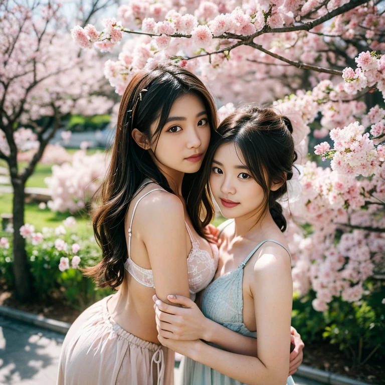 A young and beautiful Japanese woman、18-year-old、fine-textured skin、perfect proportions、hair tied together、hairpin、hair ornaments、Stunning lingerie、looking at the camera、Cherry blossoms in Korakuen, Okayama Prefecture、Cherry tree in full bloom、stunning cherry blossoms