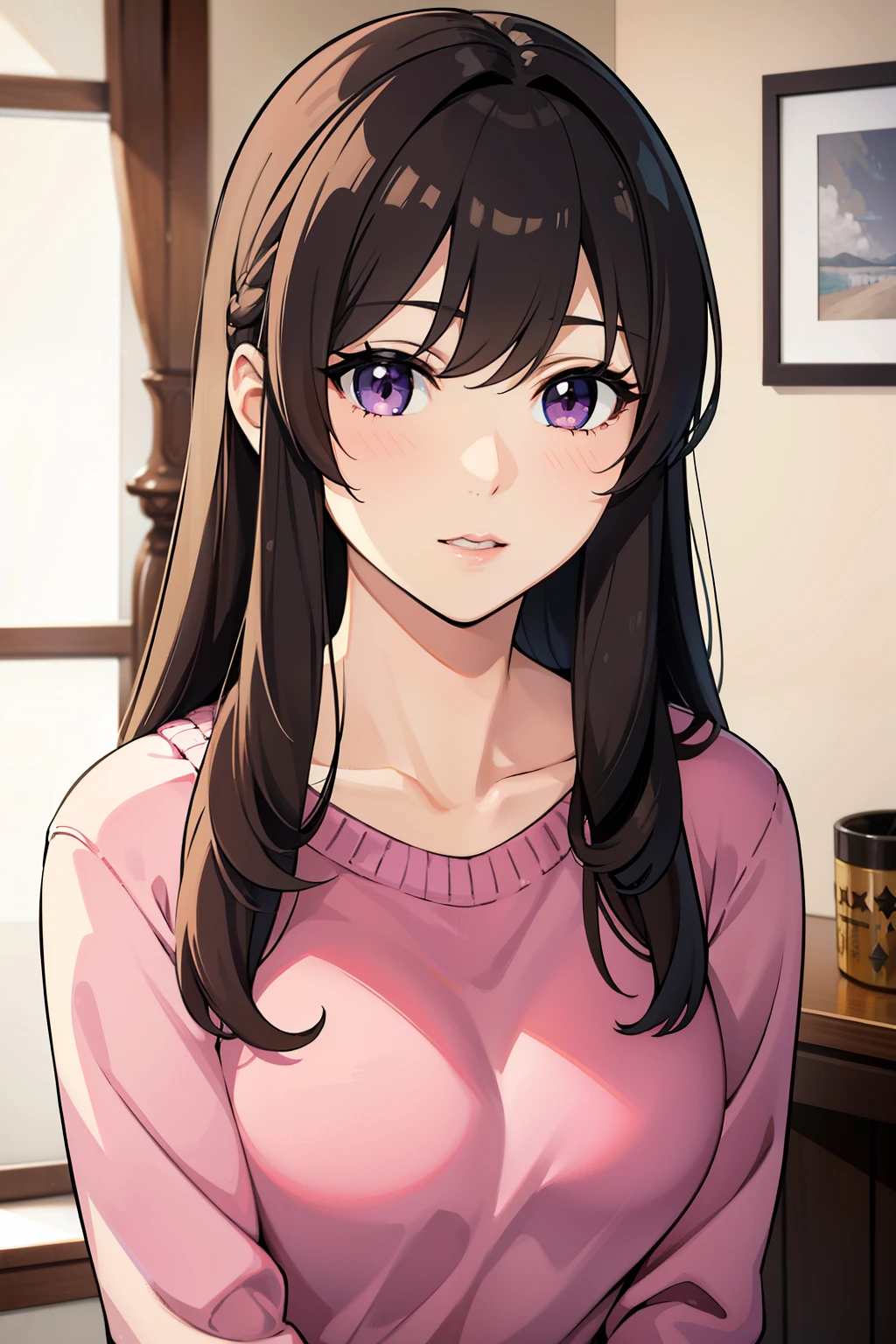 Girl, long brown hair, brown eyes, sharp features, white skin, pink lips, purple sweater