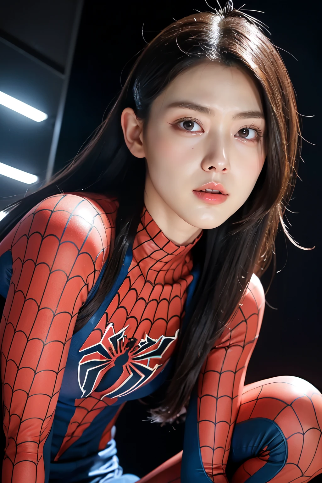 (best quality,ultra-detailed,realistic:1.37), digital illustration, (sexy woman wearing a Spiderman costume), detailed eyes and face, beautiful detailed lips, sexy body, long eyelashes, big breasts, Close-up photo, Sexy woman wearing a Spiderman costume, long hair, ((Take a photo from below the thigh)),vibrant colors, dramatic lighting, comic book style, Sexy woman wearing a Spiderman costume, seductive pose, skyscraper background, dark sky, tall buildings