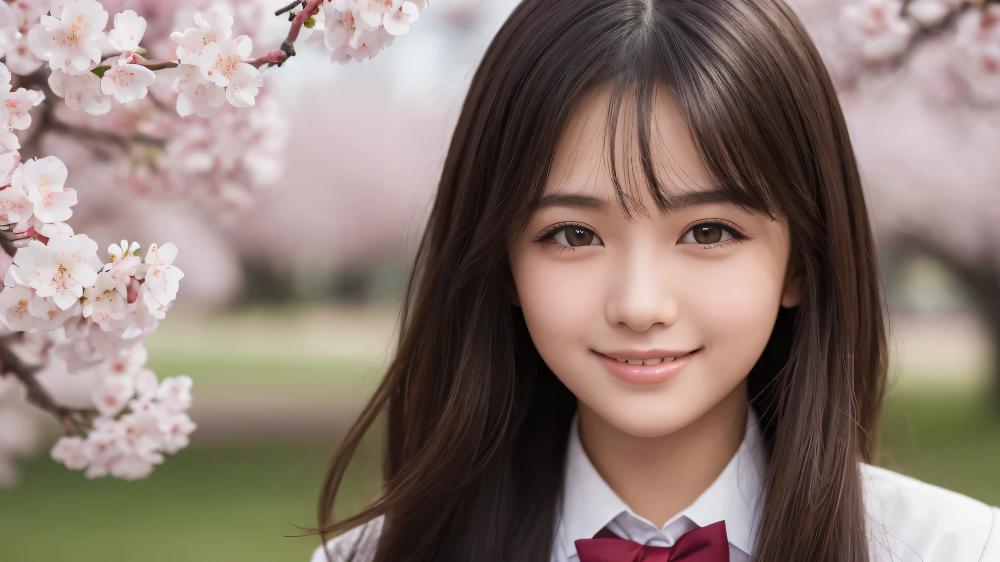 (1girl), (17yo), (young face:1.2), shy smile, (Best Quality:1.4), (Ultra-detailed), (extremely detailed beautiful face), Amazing face and eyes, brown eyes, (highly detailed Beautiful face), (high school uniform:1.2), (extremely detailed CG unified 8k wallpaper), Highly detailed, High-definition raw color photos, Professional Photography, Realistic portrait, Extremely high resolution, cute smiling, Cherry blossom trees,