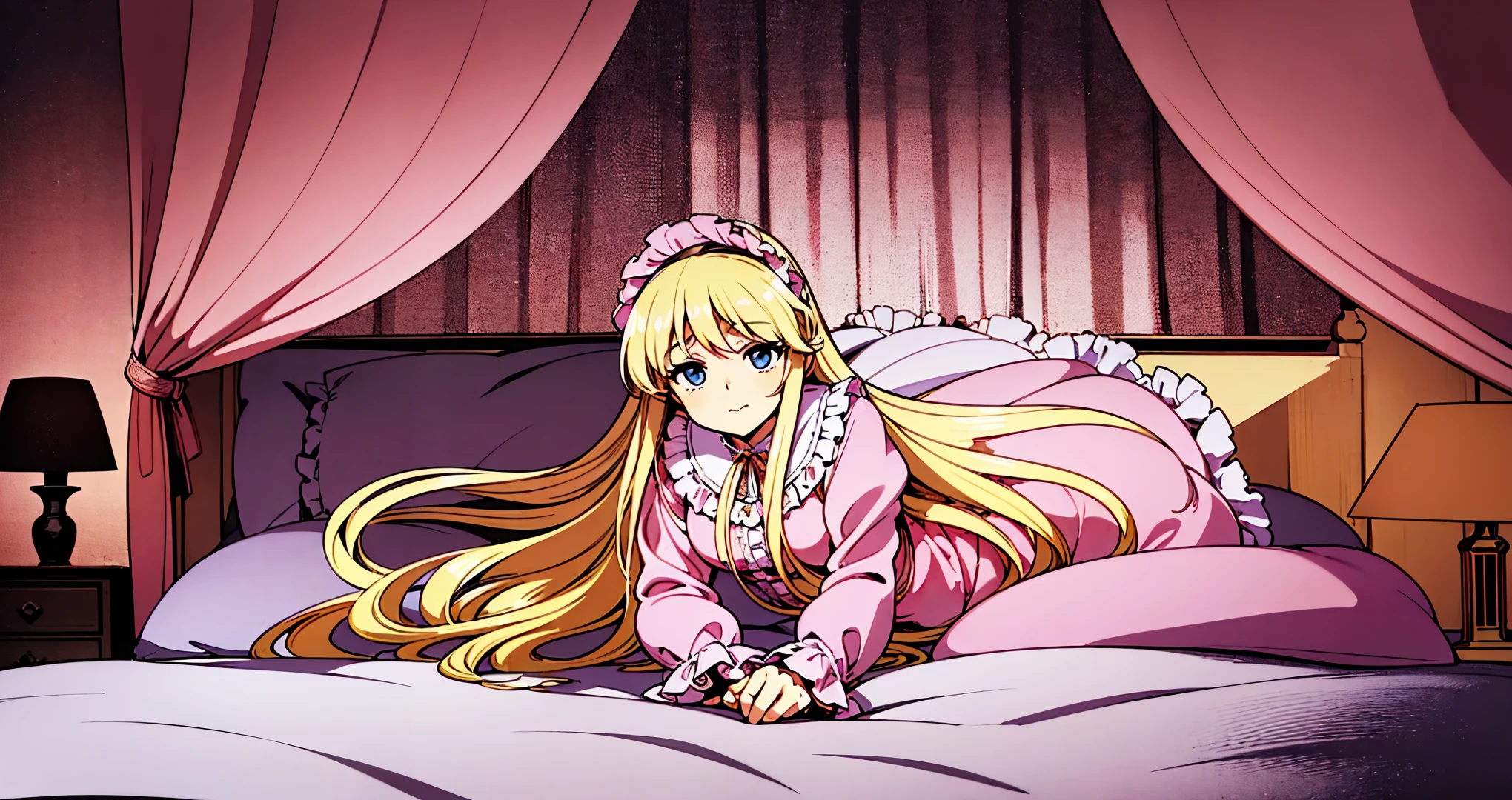 ,highest quality, masterpiece, highest resolution, artwork, super それにget used to it, many get used to it, get used to it, それにget used to it, 3K 90s anime illustration,(( 10 year old girl)),Super detailed baby face,high quality small face,long blonde hair that grows to the waist,blue eyes,白い肌のeuropean,pajamas, european,(((super long blonde hair))),curly hair,blue eyes,((((ピンクのロリータファッションのlong skirtのワンピースドレス)))),((Pink nightgown with lots of frills and ribbons)),((Luxurious nightcap with frills and ribbons)),detailed headdress,,(((big yoke collar))),Yoke collar with ruffles and ribbons,((((long sleeve)))),ruffle sleeves,((((long skirt)))),white ruffle and lace socks,large frill and ribbon pillow,(((Nice pink outfit))),豪華なcanopy bedの上,canopy bed,The bed is surrounded by luxurious curtains,many frilly pillows on the bed,There are many frilly pillows behind the girl.,super detailed background,detailed bed,soft pink comforter,Highly detailed soft ruffle pillow,Beautiful girl illustration,detailed beautiful face,thin hair,detailed eye ,detailed eyes,detailed mouth, arm details,fine hands,Detailed pillow,wide bed,Illustration on the bed, ,((((round futon)))),((((A large ruffled futon that covers the entire bed)))),detailed comforter,detailed bedシーツ,Before bedtime,romantic atmosphere,palace bedroom,((((The lower half of my body is completely wrapped in a large fluffy futon.)))) The girl is leaning on a pile of pillows, ,((((round futon)))),((((A large ruffled futon that covers the entire bed)))),