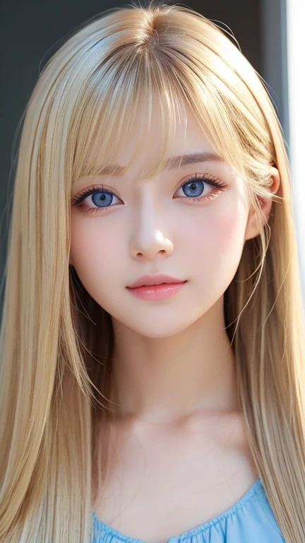 real photo quality、A very beautiful teenage girl、extraordinary sexy beauty、Beautiful calm and bright expression、sexy and refreshing look、Long bangs that fall on a perfect beautiful cute face、Super long blonde straight silky hair、blonde on a beautiful face、very cute beautiful sexy young little woman、very perfect beautiful cute face、Beautiful bright sky blue eyes、very big eyes、hair above eyes、片hair above eyes、hair between eyes、Very radiant white skin、cheek gloss