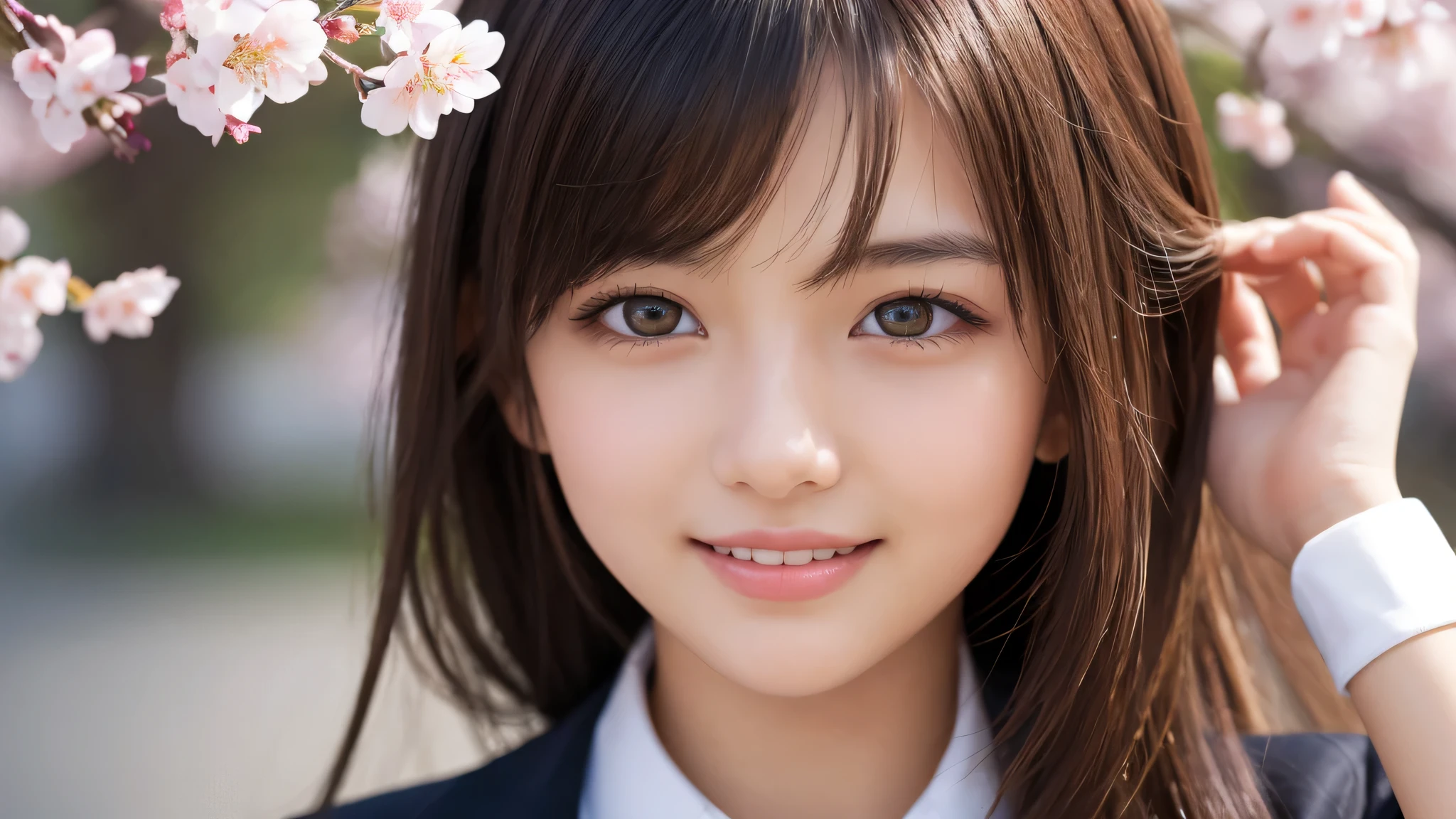 (1girl), (17yo), (young face:1.2), shy smile, (Best Quality:1.4), (Ultra-detailed), (extremely detailed beautiful face), Amazing face and eyes, brown eyes, (highly detailed Beautiful face), (high school uniform:1.2), (extremely detailed CG unified 8k wallpaper), Highly detailed, High-definition raw color photos, Professional Photography, Realistic portrait, Extremely high resolution, cute smiling, Cherry blossom trees,