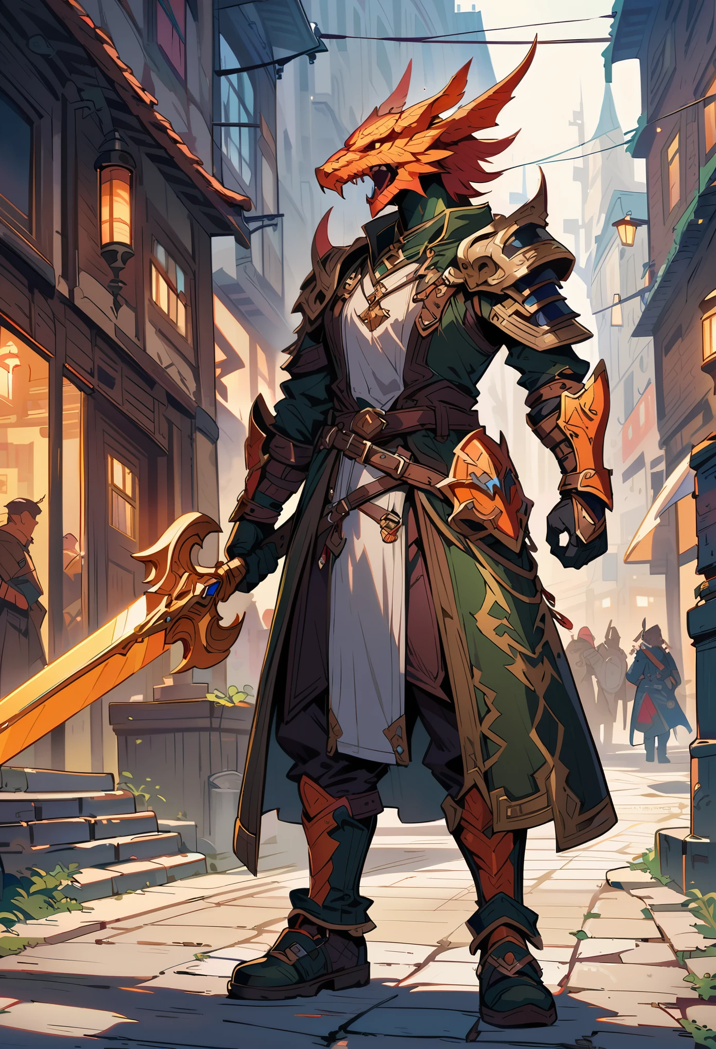 DnD character art, fantasy warrior with dragon head helmet and orange scales holding sword in hand standing on city street, green , black leather gloves, high details, in the style of fantasy.