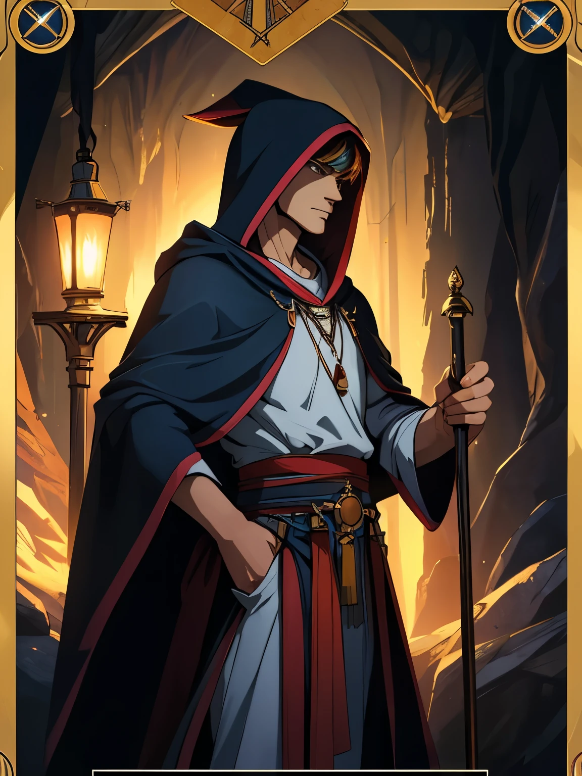 (Tarot Card:1.4)(best quality,8k,highres, masterpiece:1.2), ultra-detailed, HDR, UHD, studio lighting, ultra-fine painting, sharp focus, physically-based rendering, extreme detail description, professional, vivid colors, bokeh, portraits, concept artists, warm color palette, dramatic lighting,(shiny hair:1.4),1 man,Hooded man wearing hooded robe, in a cave, (have a lump),holding a cane in his left hand and a lamp in his right hand to illuminate his feet, expressionless,anime style,side view,