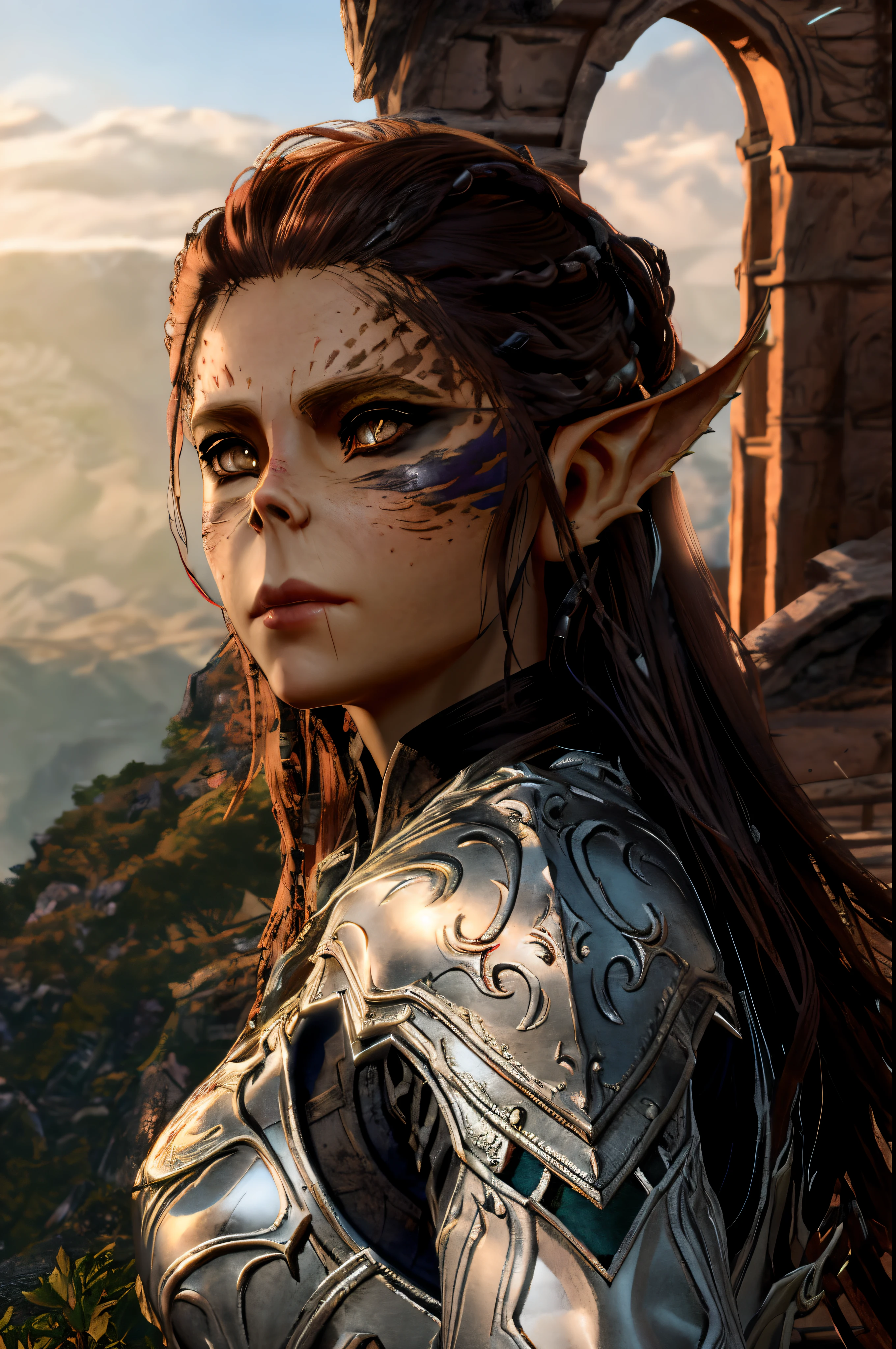 Lae'zel from Baldur's Gate 3, woman in armor with a sword and a castle in the background, half elf woman, female elf, 4 k detail fantasy, elven character with smirk, elf long weaving brown hair, of an elden ring elf, she has elf ears and gold eyes, half orc half elf woman, portrait of an elven warrior, wow 4k detail fantasy