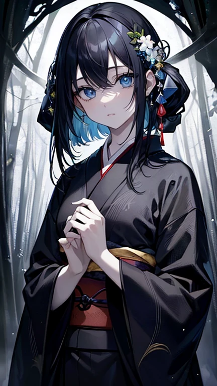 (masterpiece,highest quality,Super detailed),1 girl, Black and navy blue hair,Beautiful and dense face, fine eyes,looking at the viewer, multicolored eyes,((gray theme),pale skin,japanese kimono, shining eyes,((night)),dark environment, (((fresco,fresh picture))),in the forest,fog