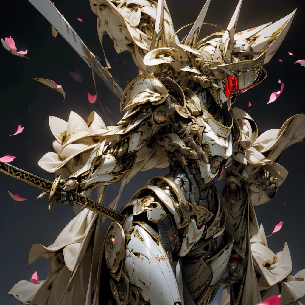 ((High resolution)) ((8K)) outer space humanoid robot Body based on human anatomy long streamlined head Robot Face The fingertips are thin and pointed A very large shoulder armor with a flower petal motif. Smooth crimson exterior armor The mechanical parts are hidden by armor. particles of light Female giant robot Japanese robot anime full body shot Playing the beam with a sword