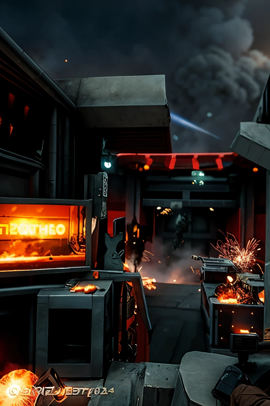 Cinematic battle space scene with humans in gunfire, explosions, epacial ships, destruction and volumetric lighting. Very detailed.)