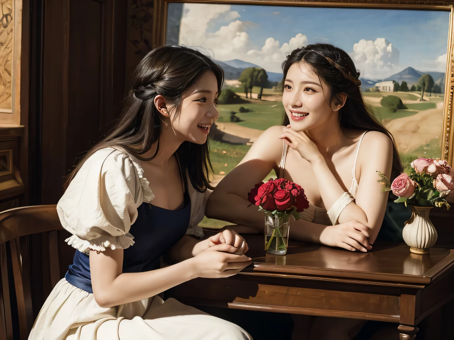 Giorgione painting style,Arguments of two female Philosophe,math、astronomical machine、astronaut、roses in vase、fruits、Cute trinkets、smile、ancient greek costume、Ancient Roman landscape in the style of Nicolas Poussin,laughter,,Sweet and seductive appearance.、Caravaggio's paintings、Chiaroscuro of Caravaggio、hair tousled by the wind,Two women frolicking,cute smile, expression of ecstasy,Sexy,erotic