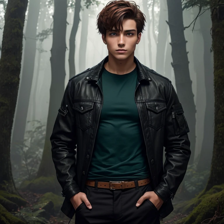 20 year old boy with wild appearance, torn black jacket, blue shirt, black pants, green eyes, coppery brown hair, Latin skin color, looking straight at the viewer, background of a foggy forest 