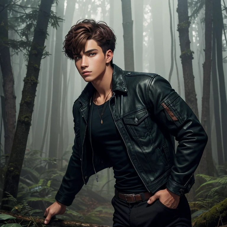 20 year old boy with wild appearance, torn black jacket, blue shirt, black pants, green eyes, coppery brown hair, Latin skin color, looking straight at the viewer, background of a foggy forest