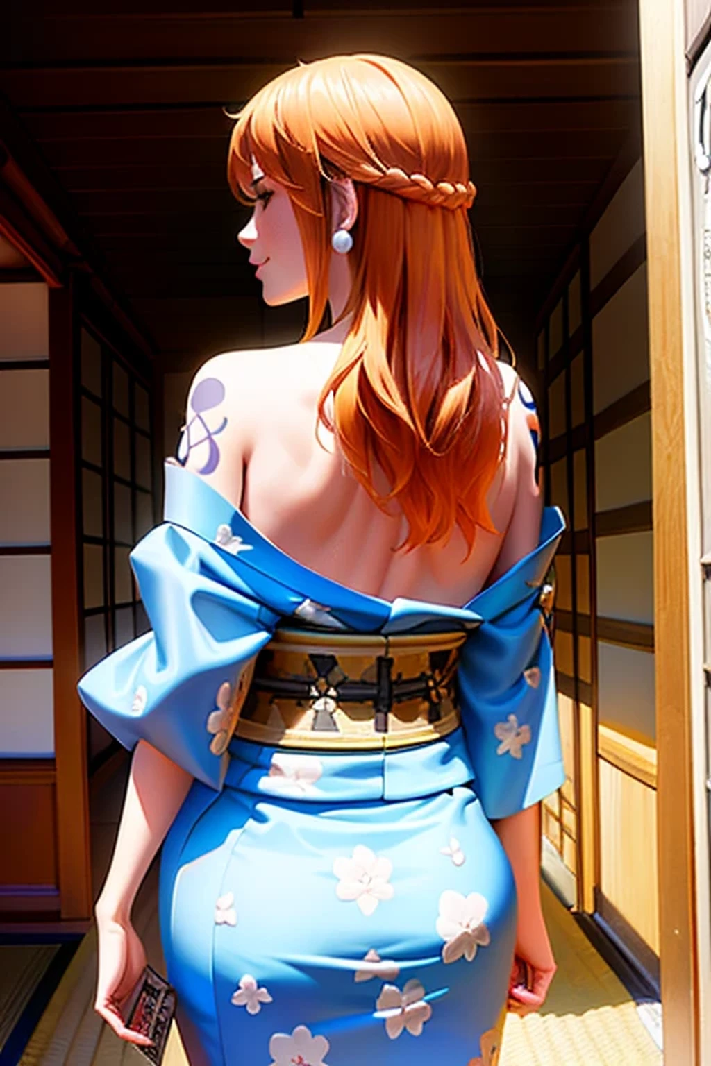 masterpiece, ((ultra detailed background, delicate pattern, intricate detail)), (highly detailed, fine details), best quality, ((medium breasts, slim girl)), NamiChan, 1girl, orange hair, solo, long hair, jewelry, ((medium breasts, slim girl, japanese clothes, kimono, left shoulder tattoo)), hair ornament, brown eyes, smile, earrings, (complex detailed background, outside, urban environent, traditional japanese town environment, japanese buildings, cowboy shot, from behind, holding, money, money bill),