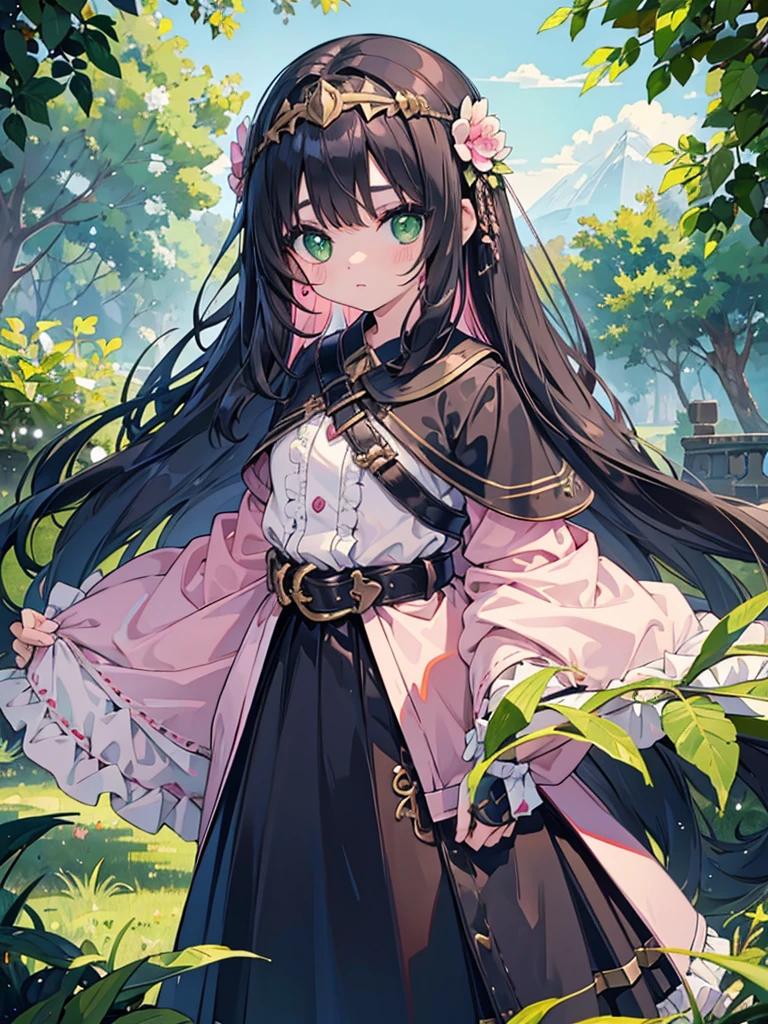 1Girl, black hair、long hair、girl、green eyes、Big eyes、shining eyes、10 years old、pink dresini skirt、circlet、princess、cute、baby face、belt、