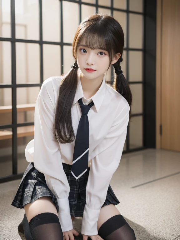 masterpiece，expensiveest quality，official art，High Definition CG Unity 8K Wallpaper High School Girl，very delicate and beautiful，超High resolution，（realistic：1.4），golden hour lighting，（Full body Esbian），In the classroom，（platinum short hair：0.8），（cute eyes），looking at the viewer，facing the front，twin tail hair, 笑face，JK's Skirt（plaid）， bust，expensive ，tie， masterpiece， highest quality， RAW photo， realistic， face， incredibly irrational solution， written boundary depth， High resolution， Super detailed， small details， very detailed， 非常に詳細な目とface， sharp pupils， realisticな生徒， fix sharp focus， cinematic lighting, Idol style、very cute:1.2、black haired、bangs、gym、((Sitting with your knees:1.4.knee high socks))