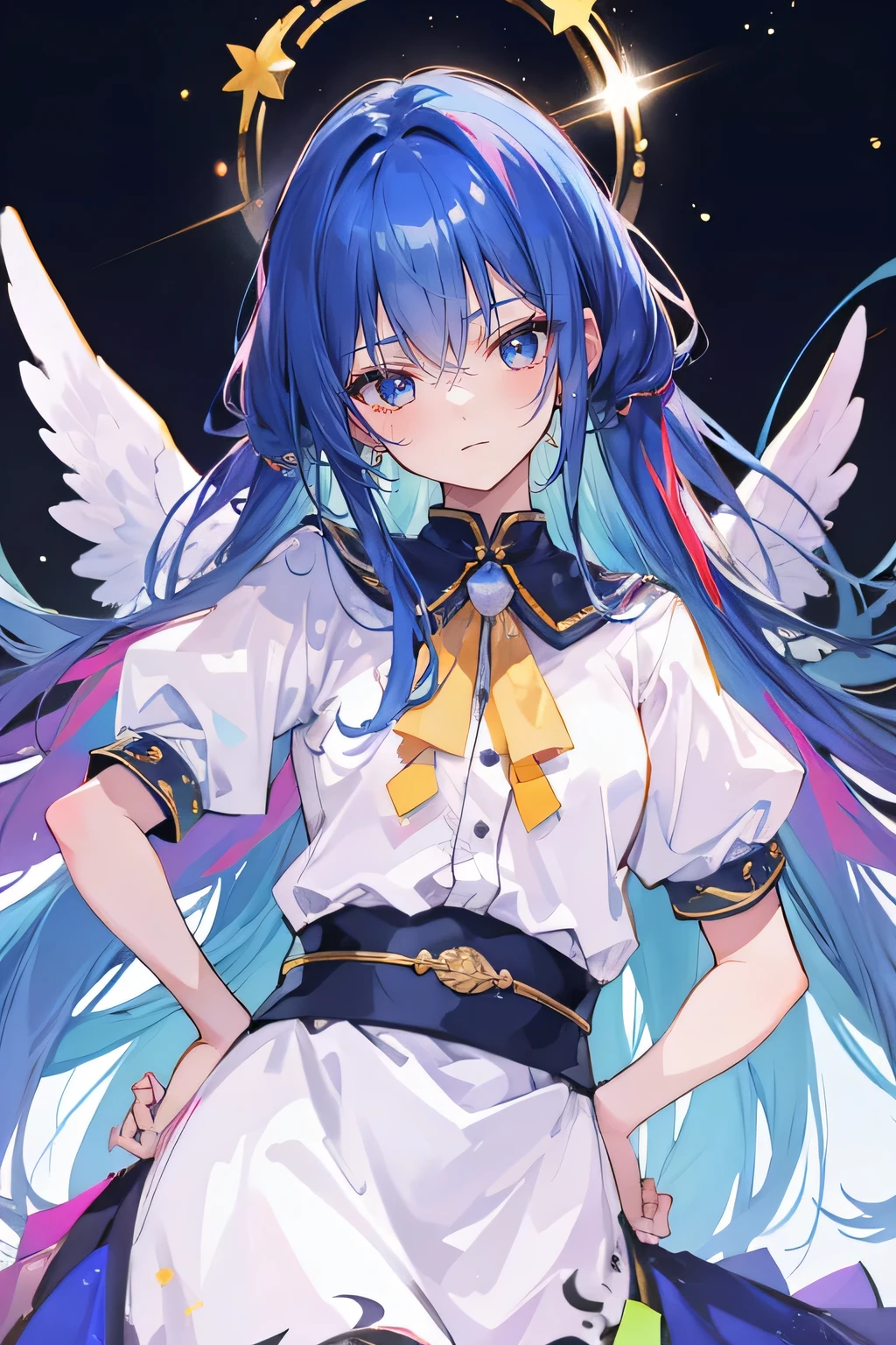 (best quality,highres,masterpiece:1.2),ultra-detailed,(realistic:1.37), expressive eyes, perfect face, 1 girl, hands on waist, beautiful, glamorous, Japanese anime, girl, Lola, Chouno Angel, blue hair, floating clothes, waist grabbing, hands on hips, flat-chested, starry sky,blue eye,