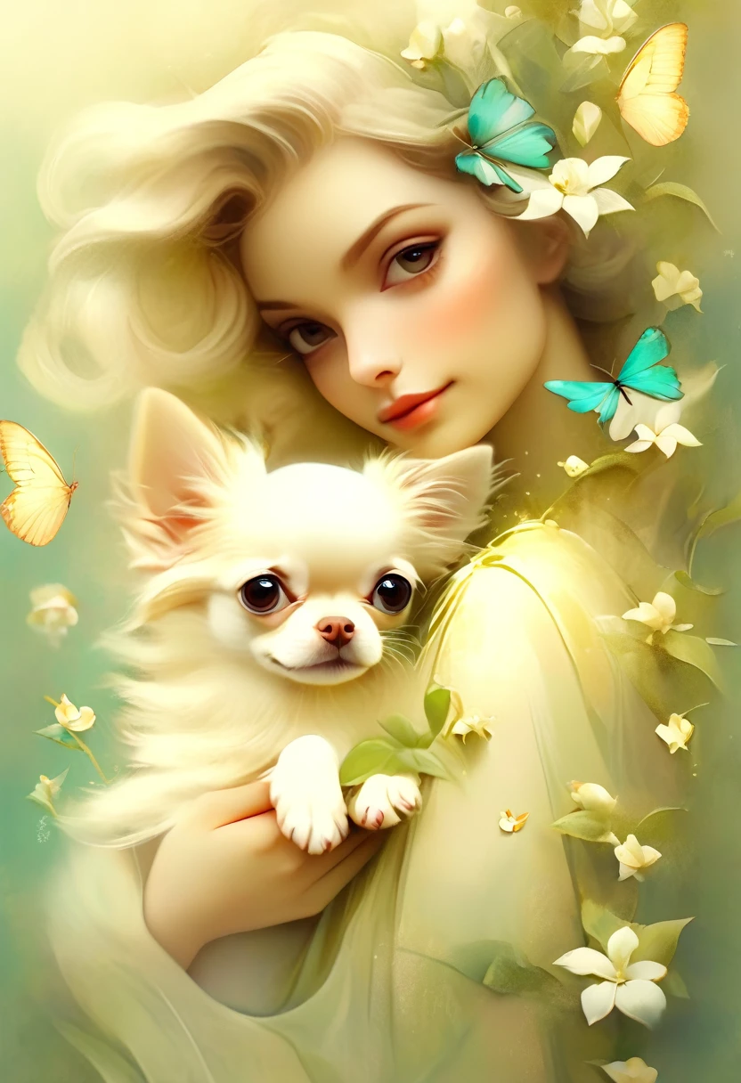 white jasmine flower background,Beautiful woman stands like a model。、holding a small chihuahua in his arms,,whole body,Butterflies dance,white jasmine background, background number 28,beautiful digital illustrations, Beautiful artwork illustration, amazing digital illustrations, beautiful digital artwork, Works that influenced Anna Dittmann, amazing digital art, exquisite digital illustration, In the style of Anna Dittmann, beautiful digital art, beautiful amazing digital art, very beautiful digital art, beautiful fantasy art
